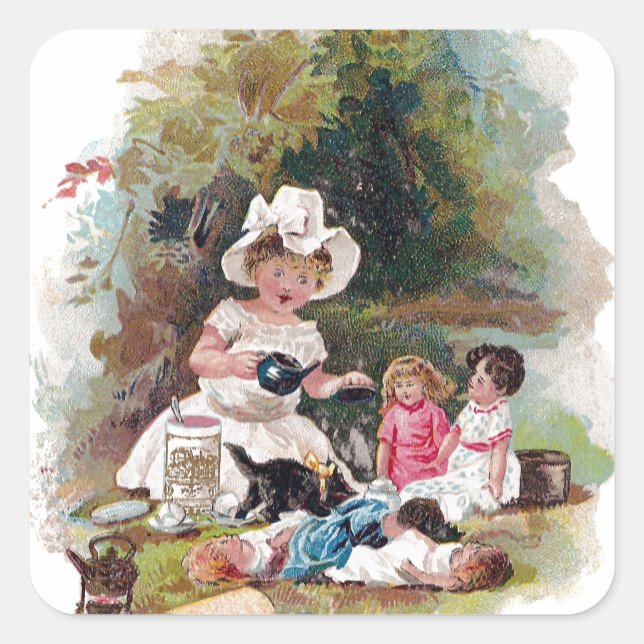 Kitten Crashes Victorian Tea Party Square Sticker (Front)