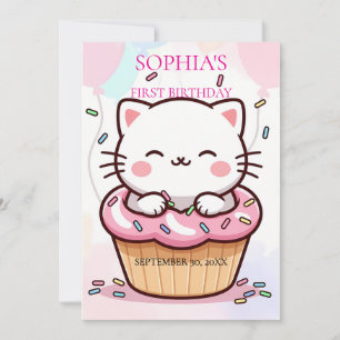 Kitten Cupcake First Birthday Invitation