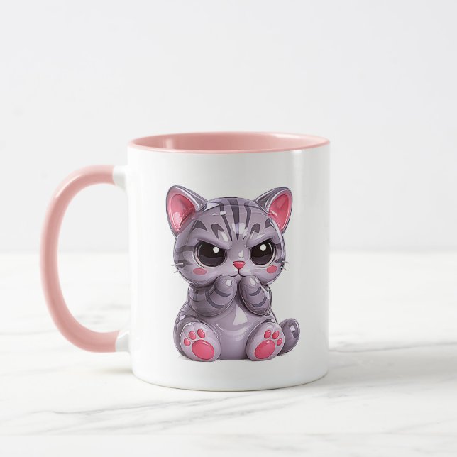 Kitten Cute Glossy Grumpy Cat Pink Theme Mug (Left)