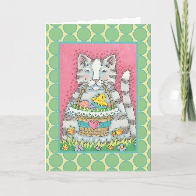KITTEN & EASTER BASKET, CAT GREETING CARD Verse (Front)