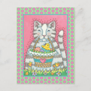 KITTEN & EASTER BASKET, CUTE CAT HOLIDAY POSTCARD