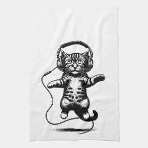 Kitten Floating Wearing Headphones, Audiophile Cat Tea Towel