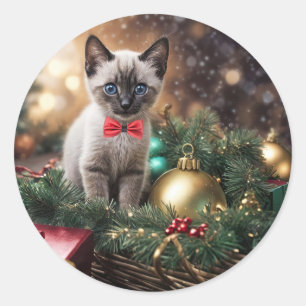 Kitten Gift Basket Cute Christmas Happy Holidays Classic Round Sticker