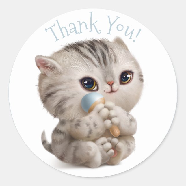 Kitten Hand Drawn Blue Thank You Typography Classic Round Sticker (Front)