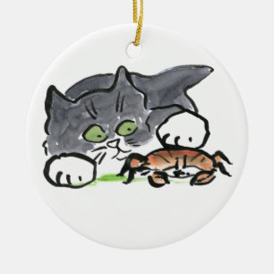 Kitten has found a Crab on the Beach Ceramic Tree Decoration