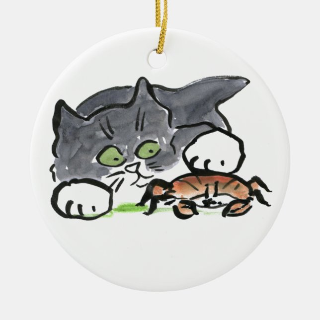 Kitten has found a Crab on the Beach Ceramic Tree Decoration (Front)
