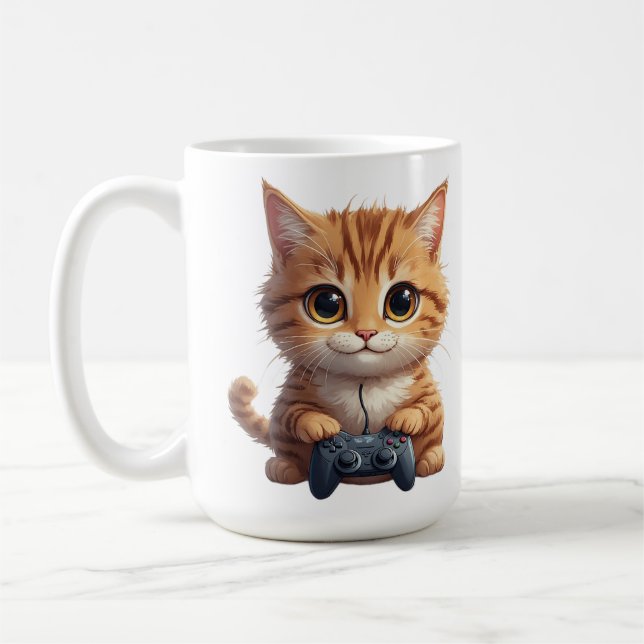 Kitten Holding Game Controller Gamer Cat Coffee Mug (Left)