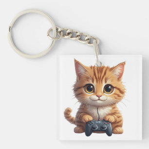 Kitten Holding Game Controller Gamer Cat Key Ring