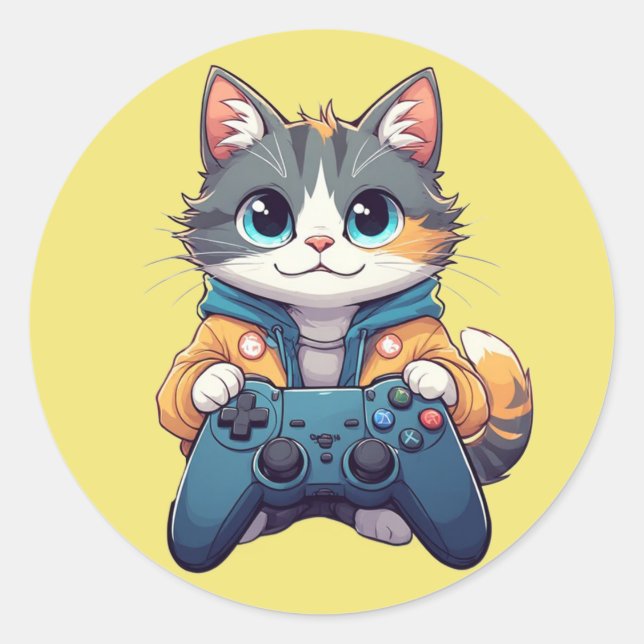 Kitten Holding Game Controller Smiling Gamer Cat Classic Round Sticker (Front)