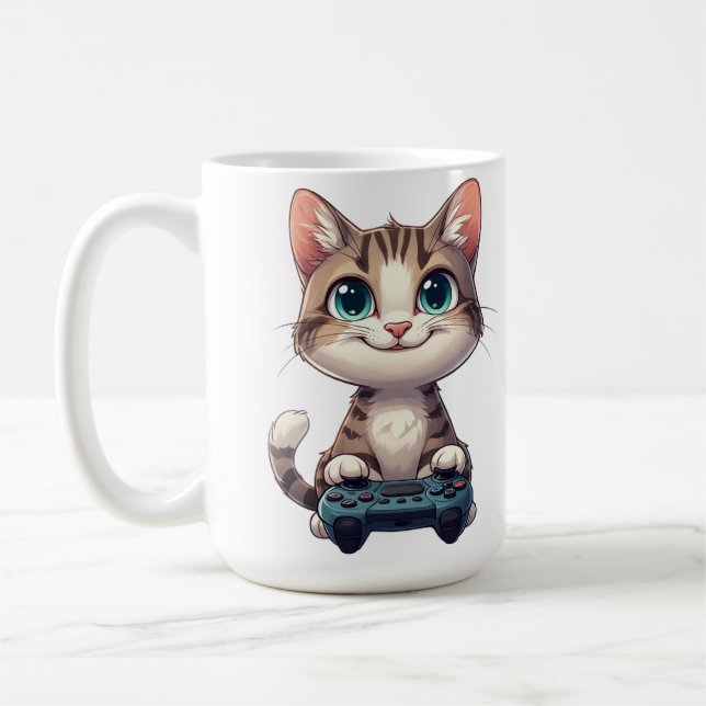 Kitten Holding Game Controller Smiling Gamer Cat Coffee Mug (Left)