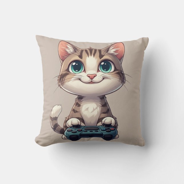 Kitten Holding Game Controller Smiling Gamer Cat Cushion (Front)