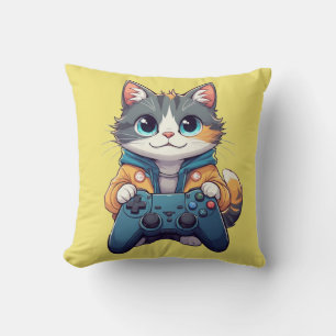 Kitten Holding Game Controller Smiling Gamer Cat Cushion