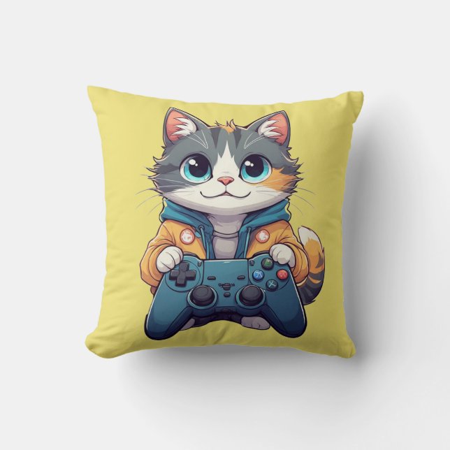 Kitten Holding Game Controller Smiling Gamer Cat Cushion (Front)