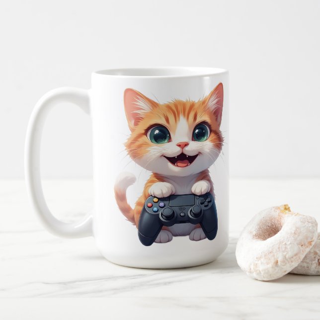 Kitten Holding Game Controller Smiling Gamer Cat I Coffee Mug (With Donut)