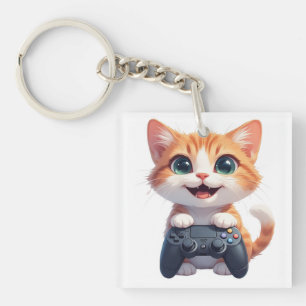 Kitten Holding Game Controller Smiling Gamer Cat I Key Ring