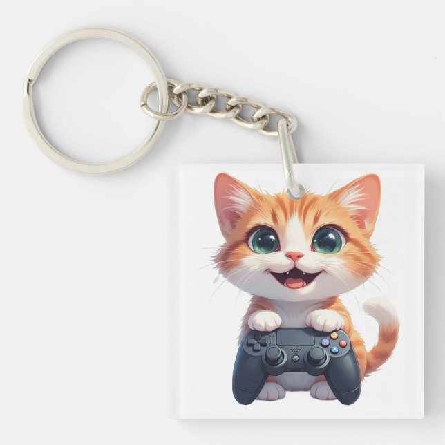 Kitten Holding Game Controller Smiling Gamer Cat I Key Ring (Front)