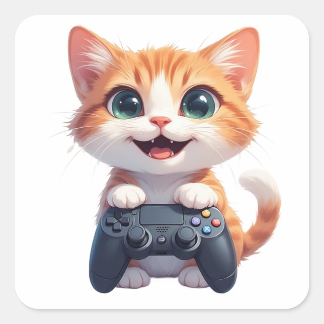 Kitten Holding Game Controller Smiling Gamer Cat I Square Sticker (Front)
