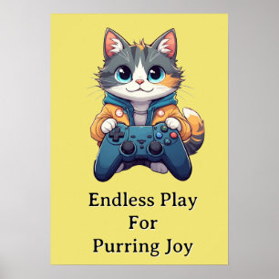 Kitten Holding Game Controller Smiling Gamer Cat Poster