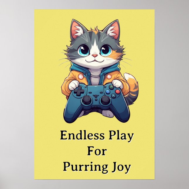 Kitten Holding Game Controller Smiling Gamer Cat Poster (Front)