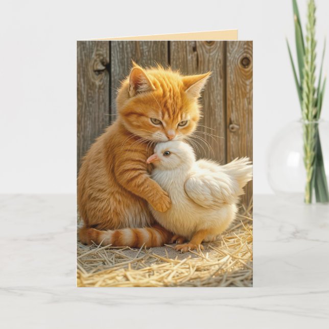 Kitten Hugging a Chick Thinking of You Card (Front)