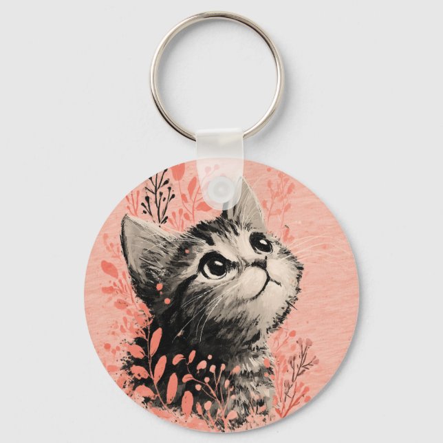 Kitten Illustration with Delicate Botanical Accent Key Ring (Front)