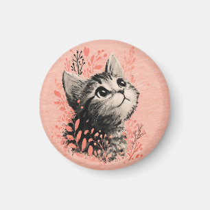 Kitten Illustration with Delicate Botanical Accent Magnet