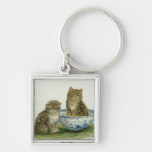 Kitten in a Blue China Bowl Key Ring