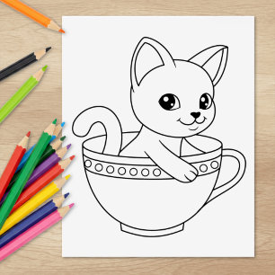 Kitten in a Cup - Cat in a Teacup Colouring Page Rubber Stamp