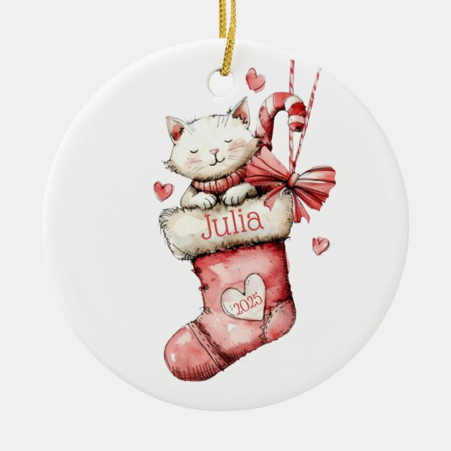 Kitten in a Pink Stocking Personalised Name Date Ceramic Ornament (Front)