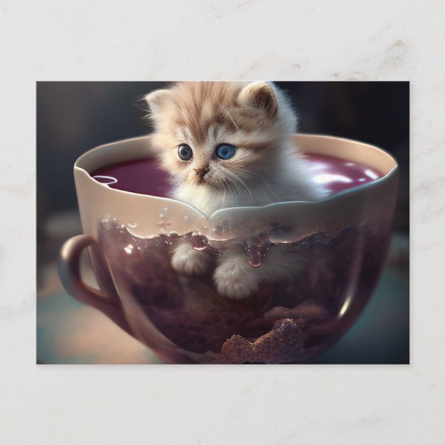 Kitten in a red teacup - Cat Postcard (Front)