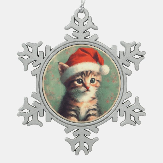 Kitten in a Santa Hat Snowflake Framed Ornament (Front)