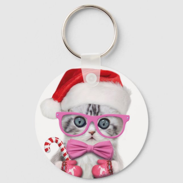 Kitten in Christmas hat Key Ring (Front)