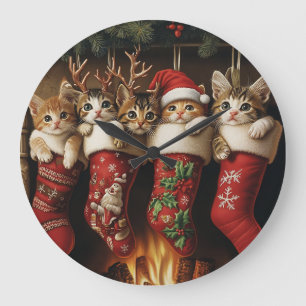 kitten in Christmas stockings by the fireplace Large Clock