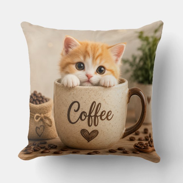 Kitten in Coffee Cup Charm Cushion (Front)