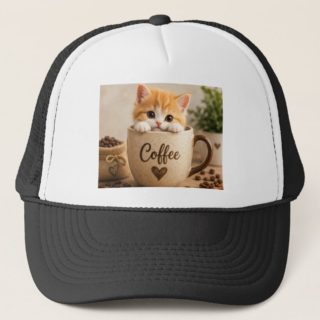 Kitten in Coffee Cup Charm Trucker Hat (Front)