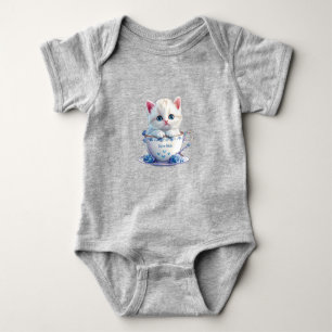 Kitten in Cup Blue Flowers Baby Bodysuit