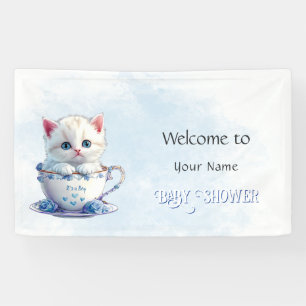 Kitten in Cup Blue Flowers Baby Shower Banner