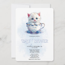 Kitten in Cup Blue Flowers Baby Shower Invitation