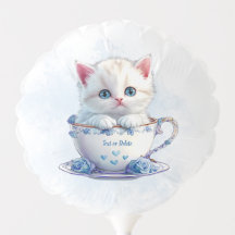 Kitten in Cup Blue Flowers Balloon