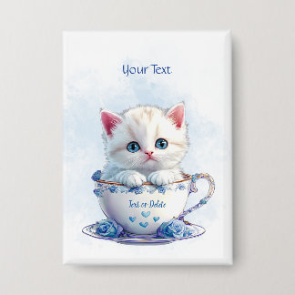 Kitten in Cup Blue Flowers Button