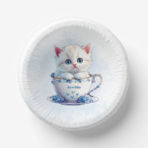 Kitten in Cup Blue Flowers Paper Bowl Paper Plate
