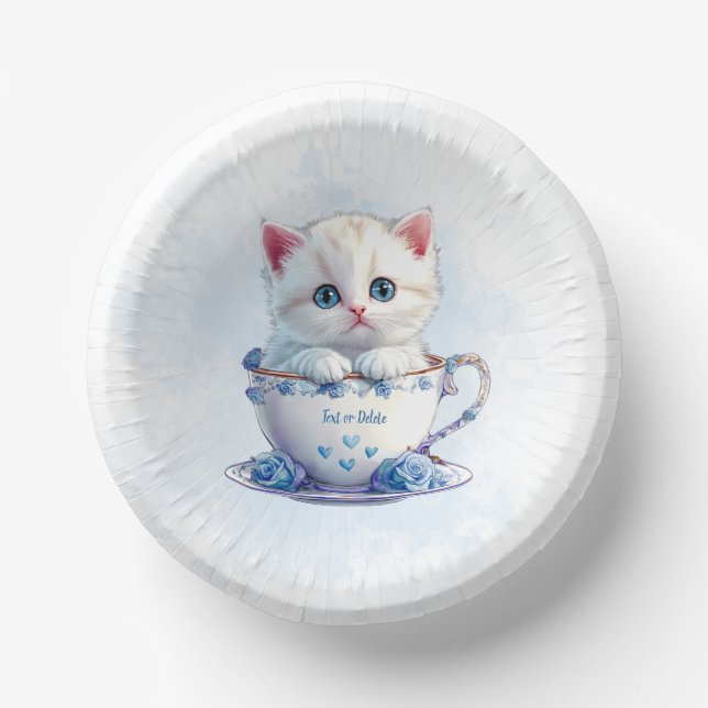 Kitten in Cup Blue Flowers Paper Bowl Plate (Front)