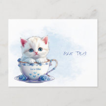 Kitten in Cup Blue Flowers Postcard