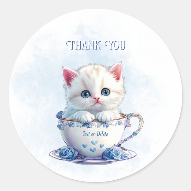 Kitten in Cup Blue Flowers Sticker (Front)