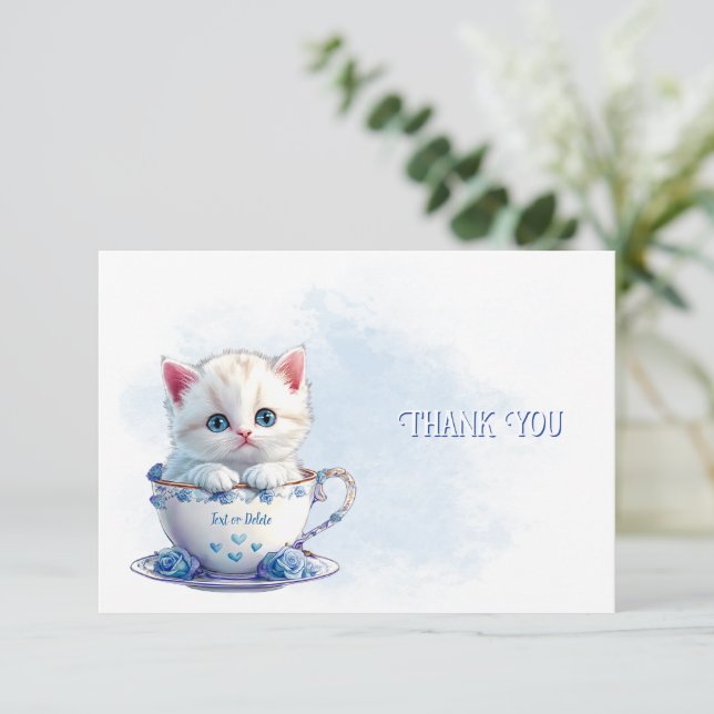 Kitten in Cup Blue Flowers Thank You Card (Standing Front)