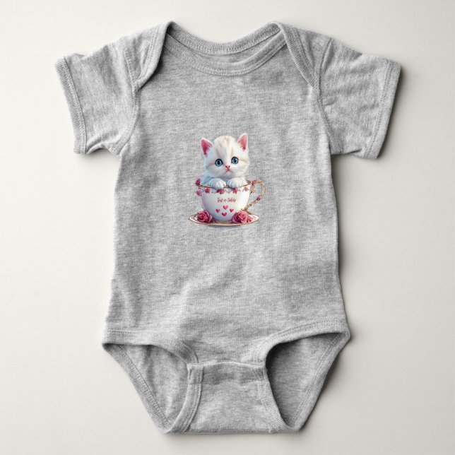 Kitten in Cup Pink Flowers Baby Bodysuit (Front)