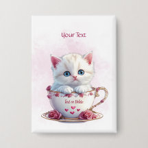 Kitten in Cup Pink Flowers Button