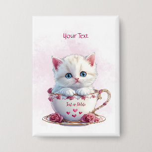 Kitten in Cup Pink Flowers Button