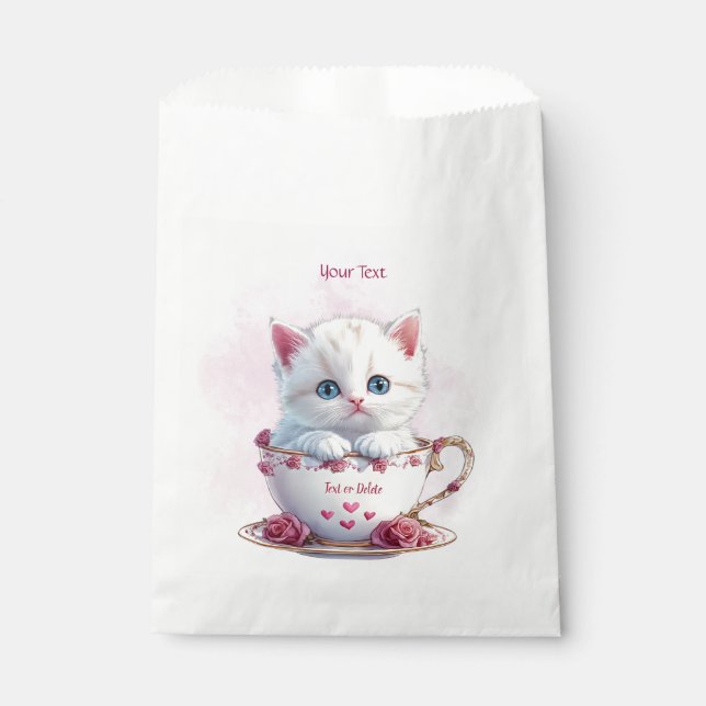 Kitten in Cup Pink Flowers Favour Bags (Front)