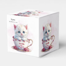 Kitten in Cup Pink Flowers Favour Box
